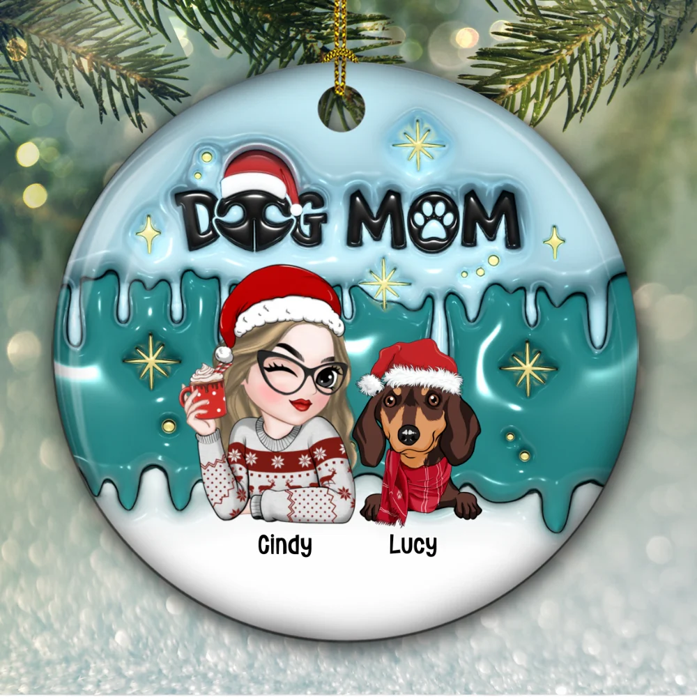 Holiday With Dog Mom - Personalized Custom 3D Inflated Effect Ceramic Ornament - Image 5
