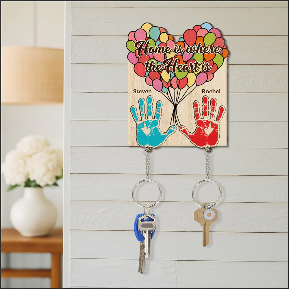 Home Is Where The Heart Is - Personalized Custom Wooden Key Holder With Keychain - Image 3