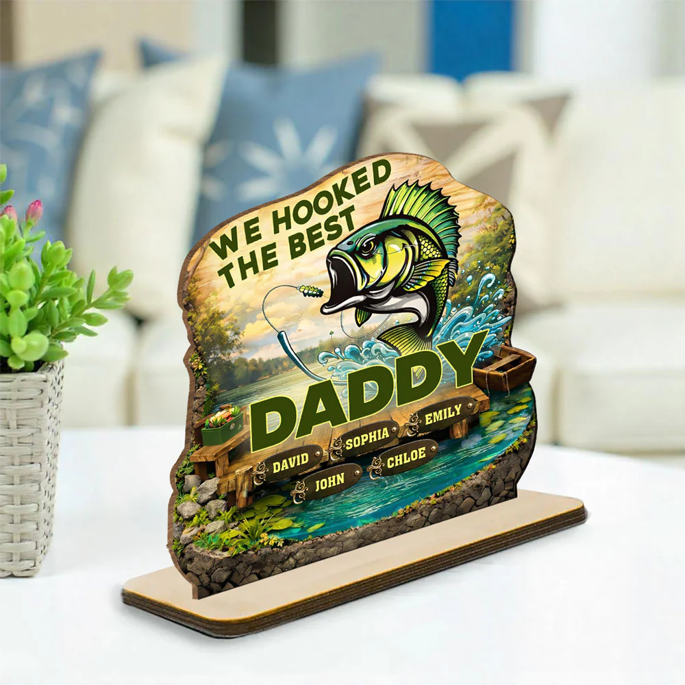 Hooked The Best Dad - Personalized Custom 2-Layer Wood Plaque With Flat Base - Image 3