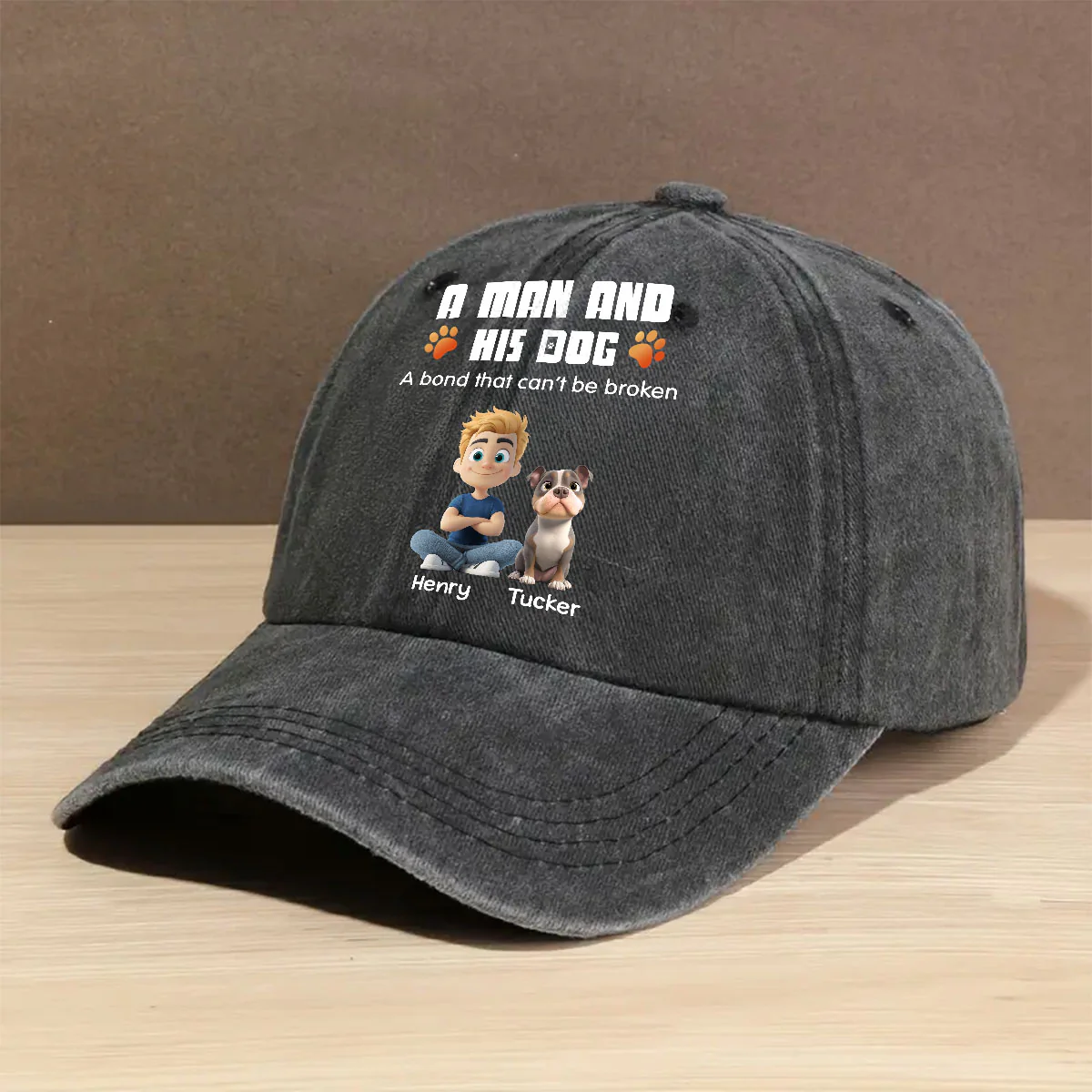 Human And Their Dog Cartoon - Personalized Custom Vintage Washed Denim Cap - Image 2