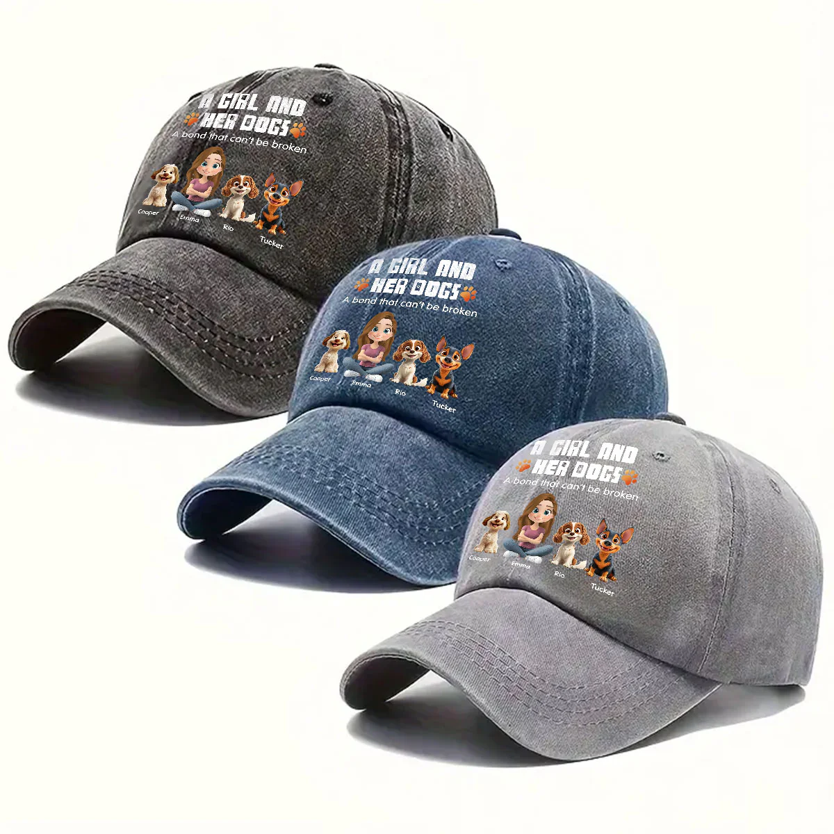 Human And Their Dog Cartoon - Personalized Custom Vintage Washed Denim Cap - Image 3