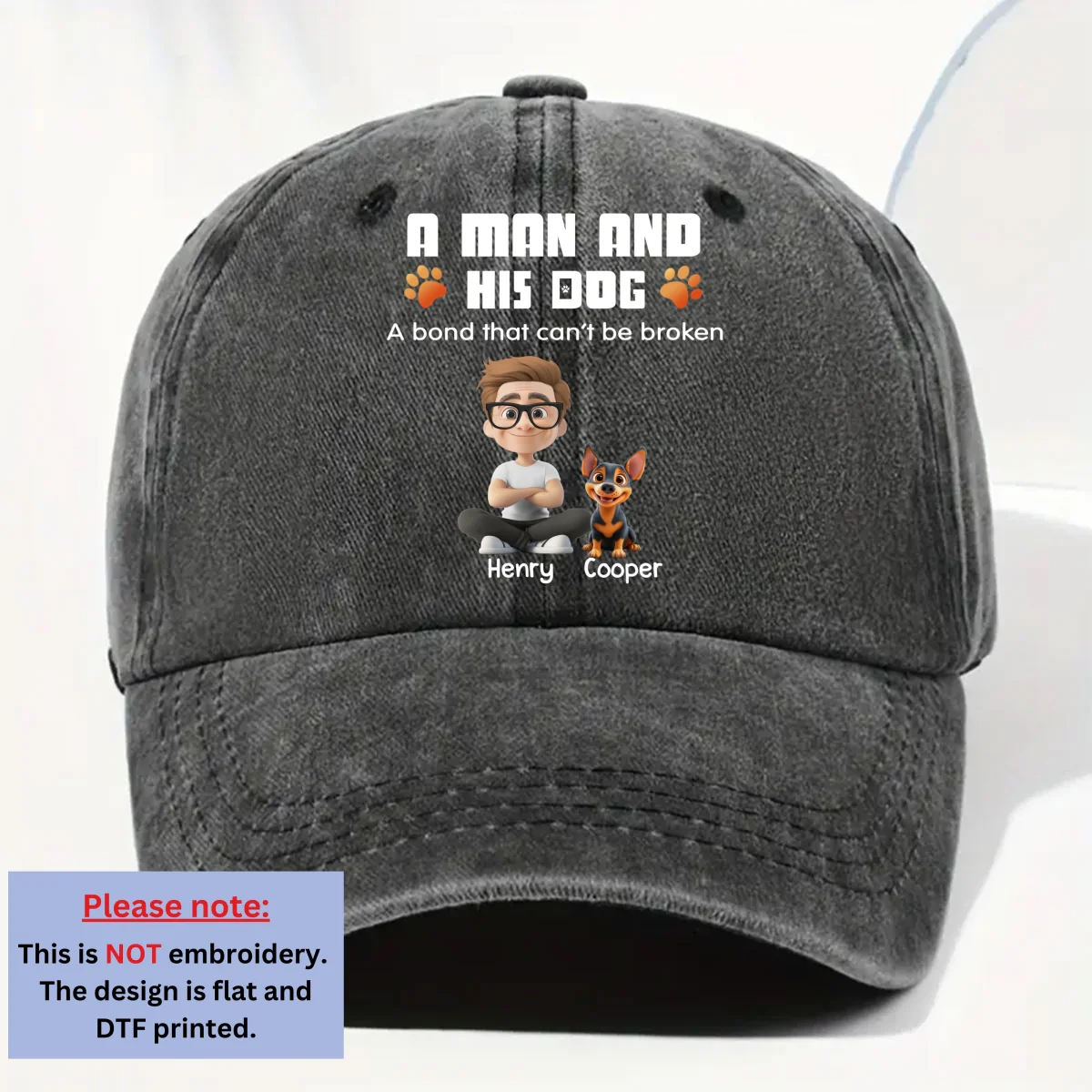 Human And Their Dog Cartoon - Personalized Custom Vintage Washed Denim Cap - Image 7