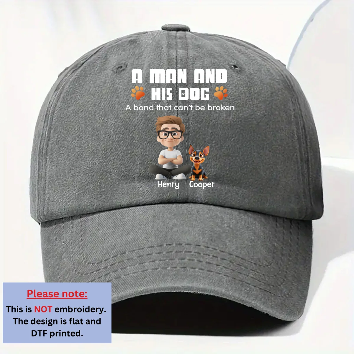 Human And Their Dog Cartoon - Personalized Custom Vintage Washed Denim Cap - Image 8