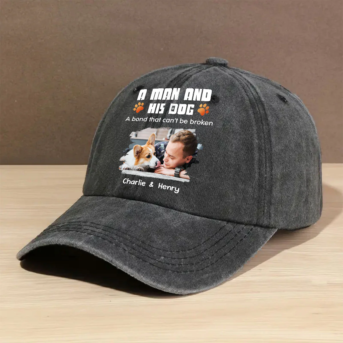 Human And Their Dog Cartoon Photo - Personalized Custom Vintage Washed Denim Cap - Image 2