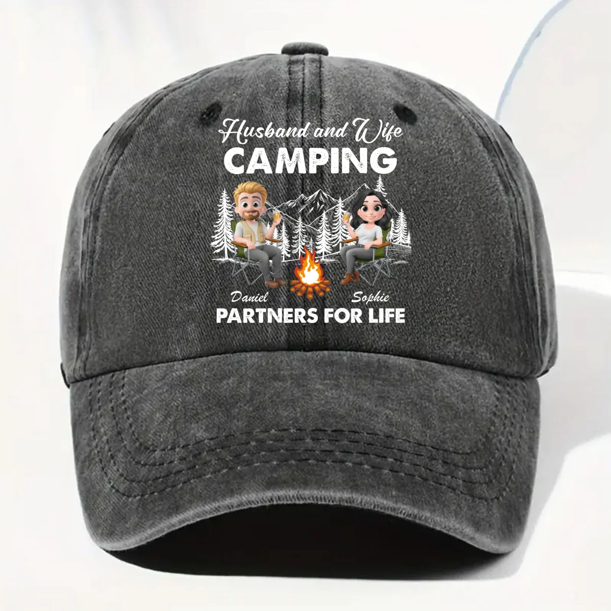 Husband And Wife Camping Life - Personalized Custom Vintage Washed Denim Cap - Image 6