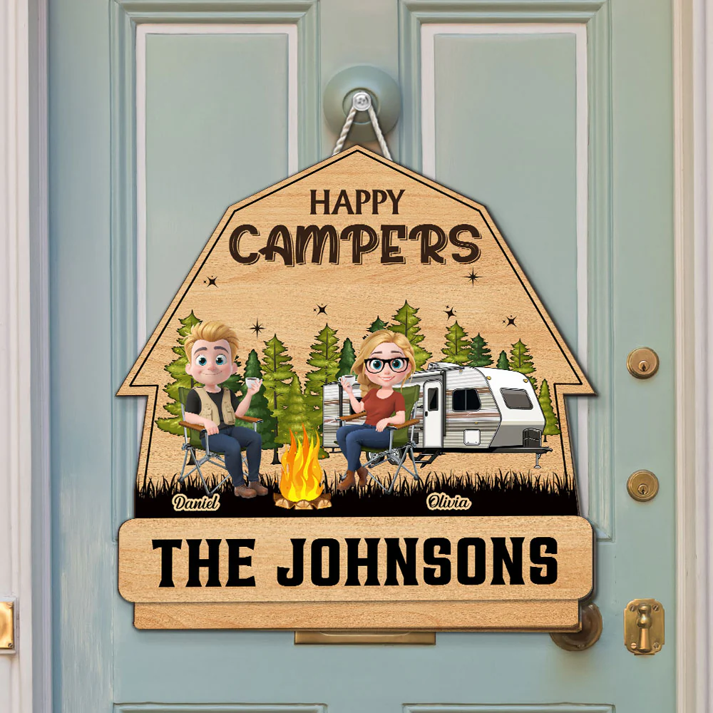 Husband And Wife Camping Partners For Life Cartoonize - Personalized Custom Wood Sign - Image 3