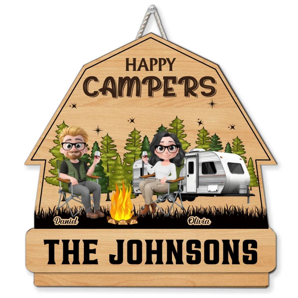Husband And Wife Camping Partners For Life Cartoonize - Personalized Custom Wood Sign - Image 4