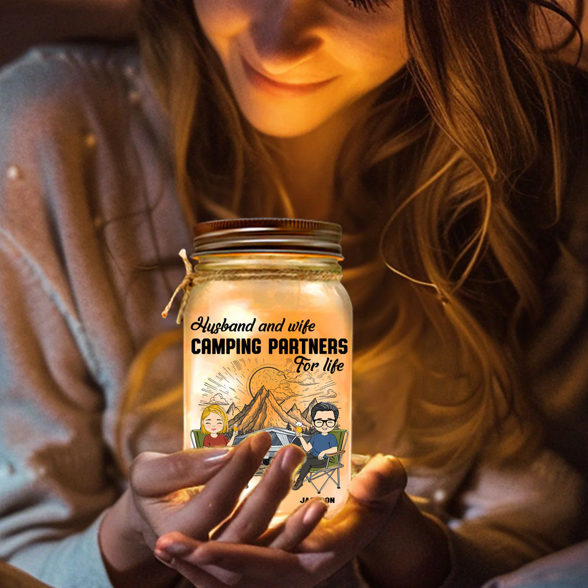 Husband And Wife Camping Partners For Life  - Personalized Custom Mason Jar Light - Image 2