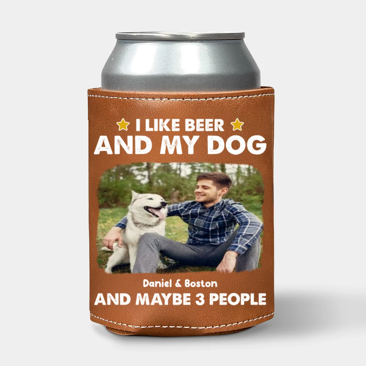 I Like Beer Photo - Personalized Custom Leather Can Cooler Holder - Image 4