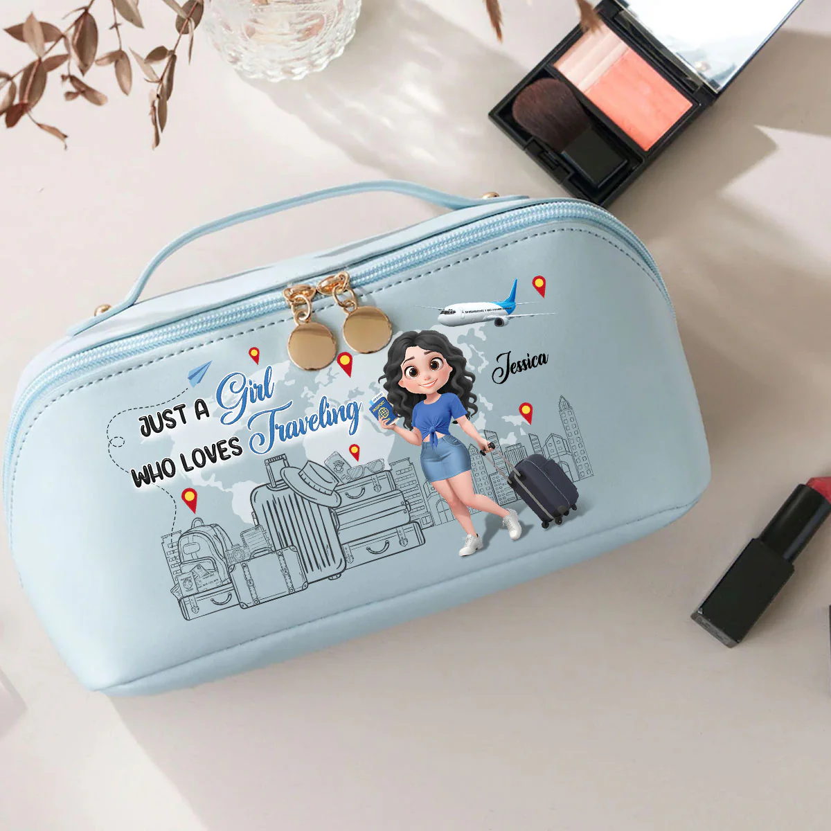 I Love Traveling - Personalized Custom Leather Makeup Bag - Image 2
