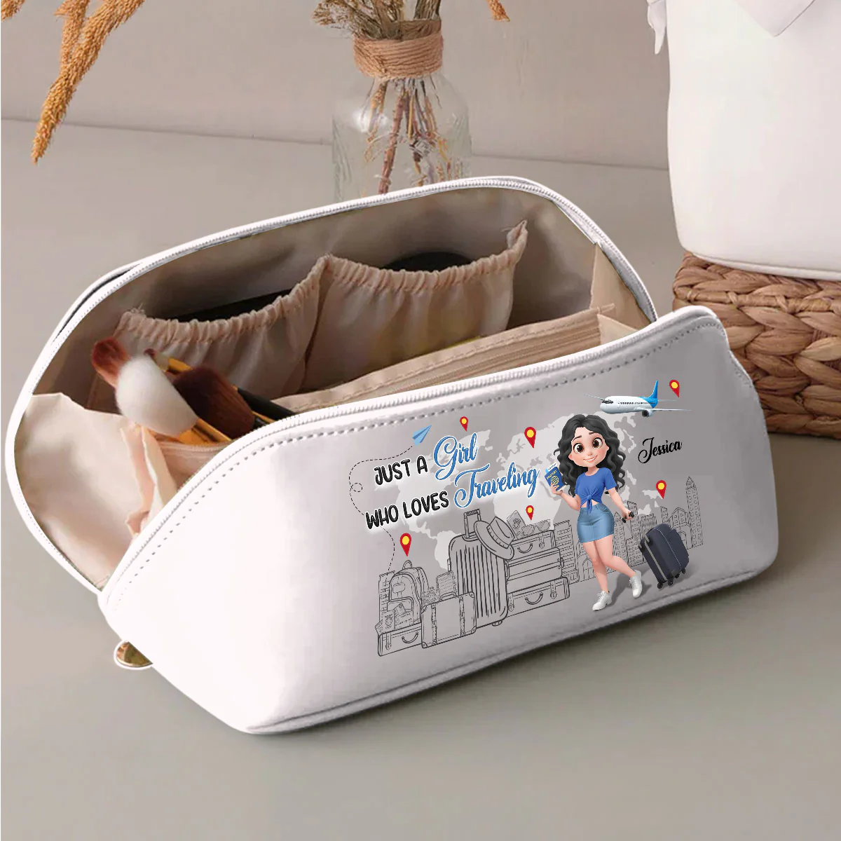 I Love Traveling - Personalized Custom Leather Makeup Bag - Image 3