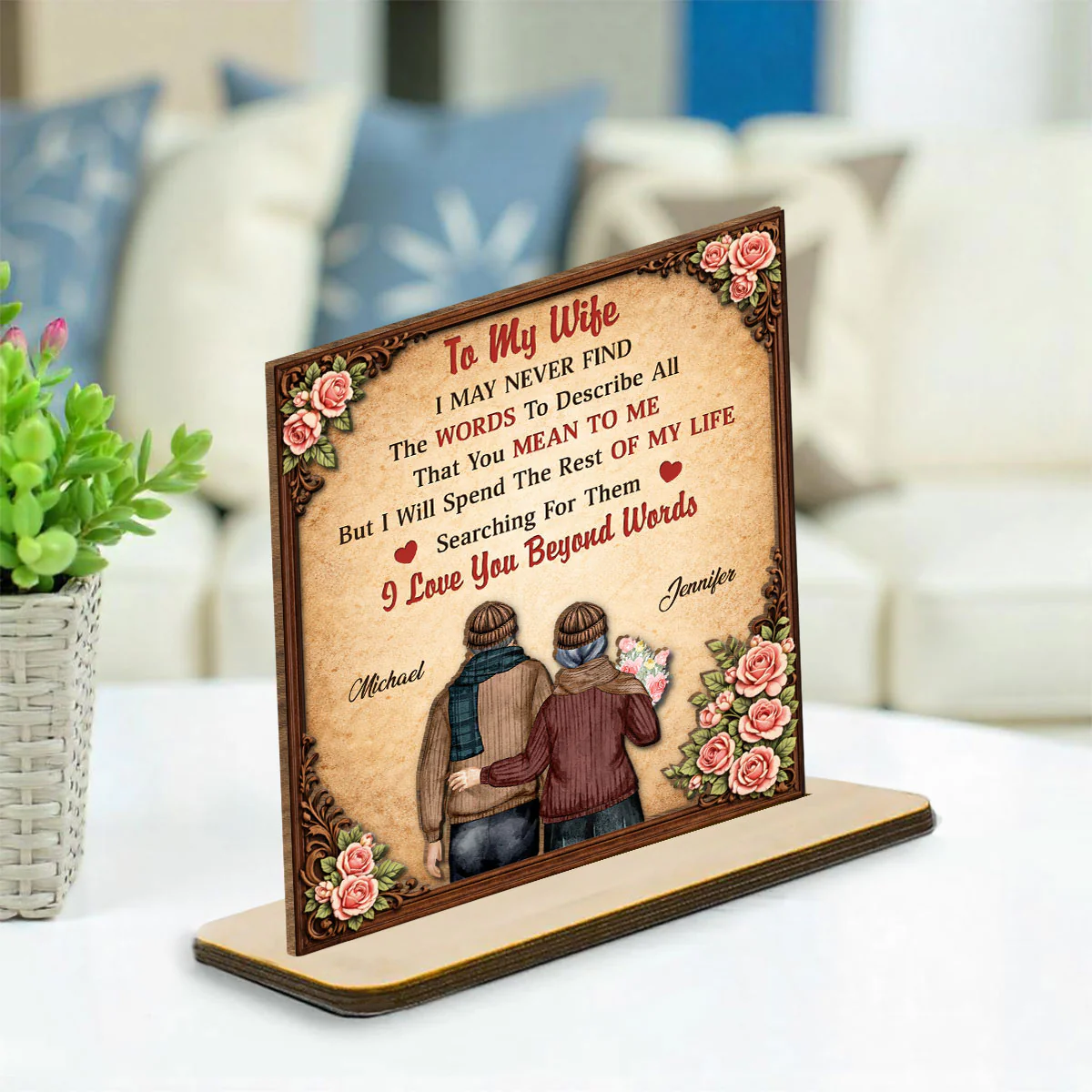 I Love You Beyond Words - Personalized Custom 2-Layer Wood Plaque With Flat Base - Image 3