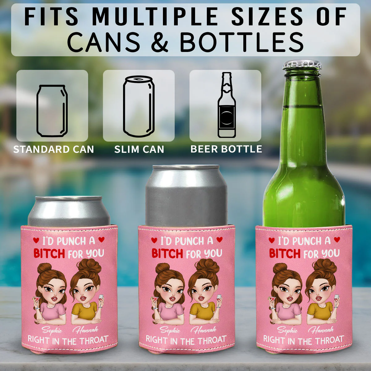 I Punch A Bitch For You My Friend - Personalized Custom Pink Leather Can Cooler Holder - Image 5