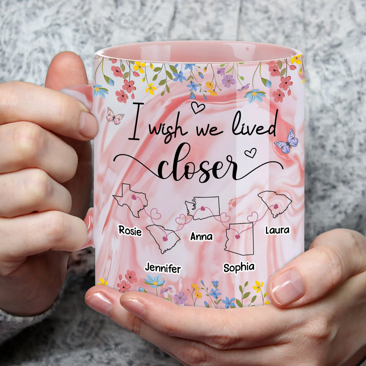 I Wish We Lived Closer Floral Version - Personalized Custom Pink Marble Mug - Image 4