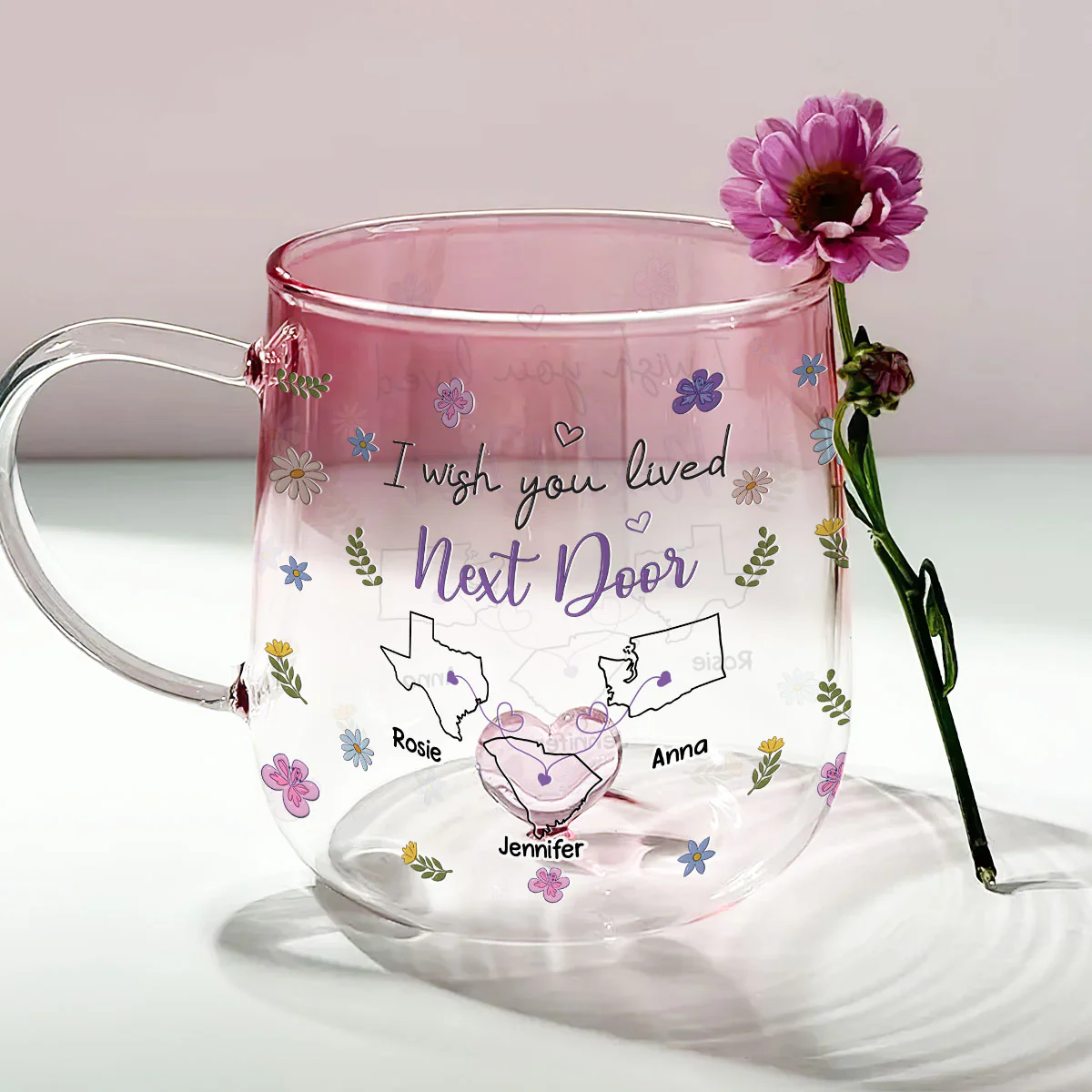 I Wish We Lived Closer Flowers Version - Personalized Custom Pink Gradient Glass Mug - Image 2