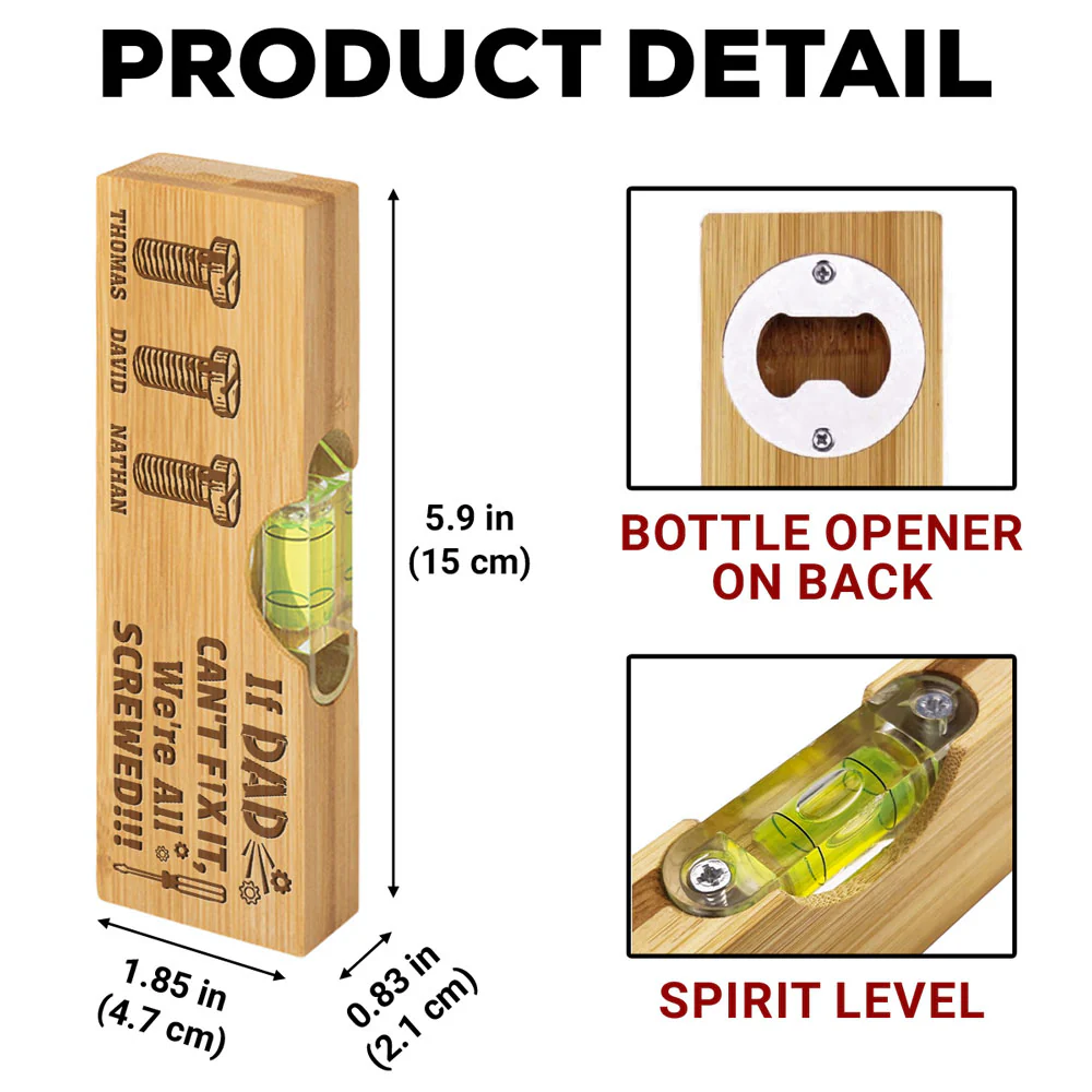 If Dad Can Not Fix It - Personalized Custom Engraved Wooden Spirit Level Bottle Opener - Image 6