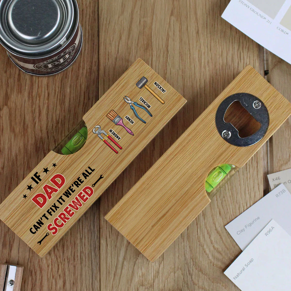 If Dad Cant Fix We Are Screwed - Personalized Custom Wooden Spirit Level Bottle Opener - Image 3