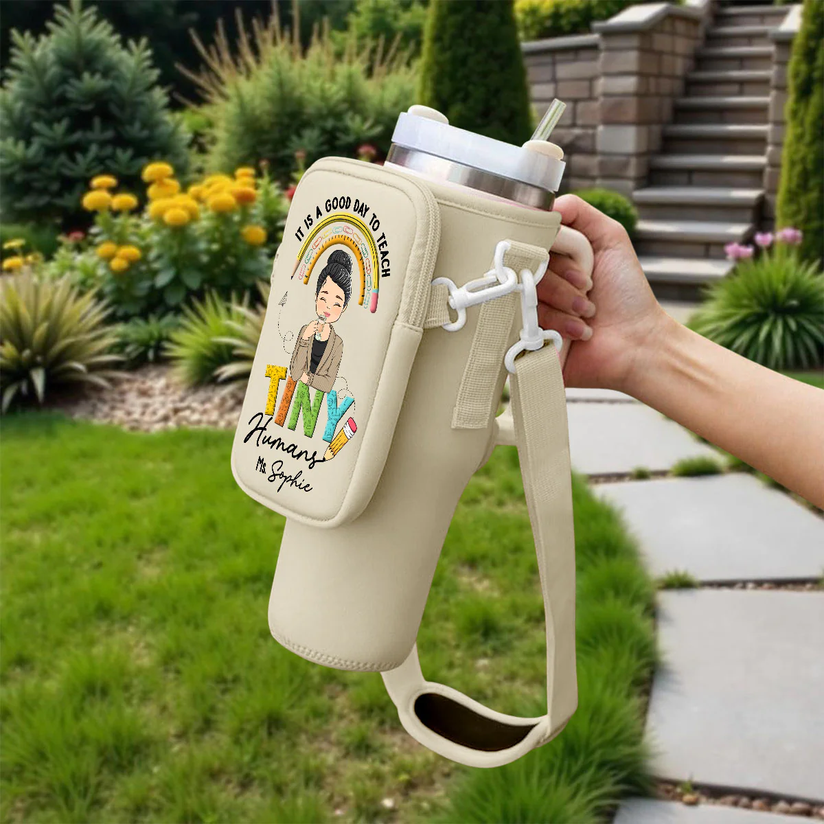 Inspiring Tiny Humans To Dream Big - Personalized Custom 40oz Water Bottle Carrier Bag - Image 3