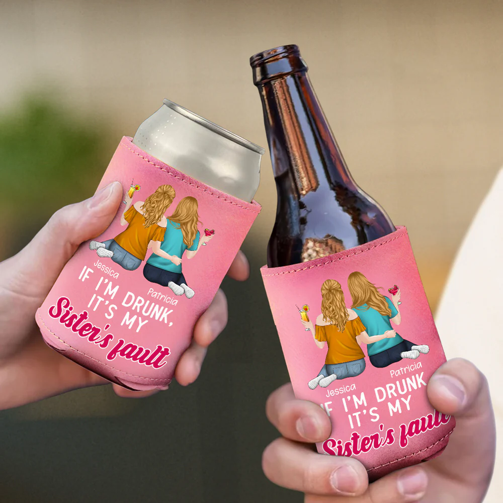 It Is My Sisters - Personalized Custom Pink Leather Can Cooler Holder - Image 2