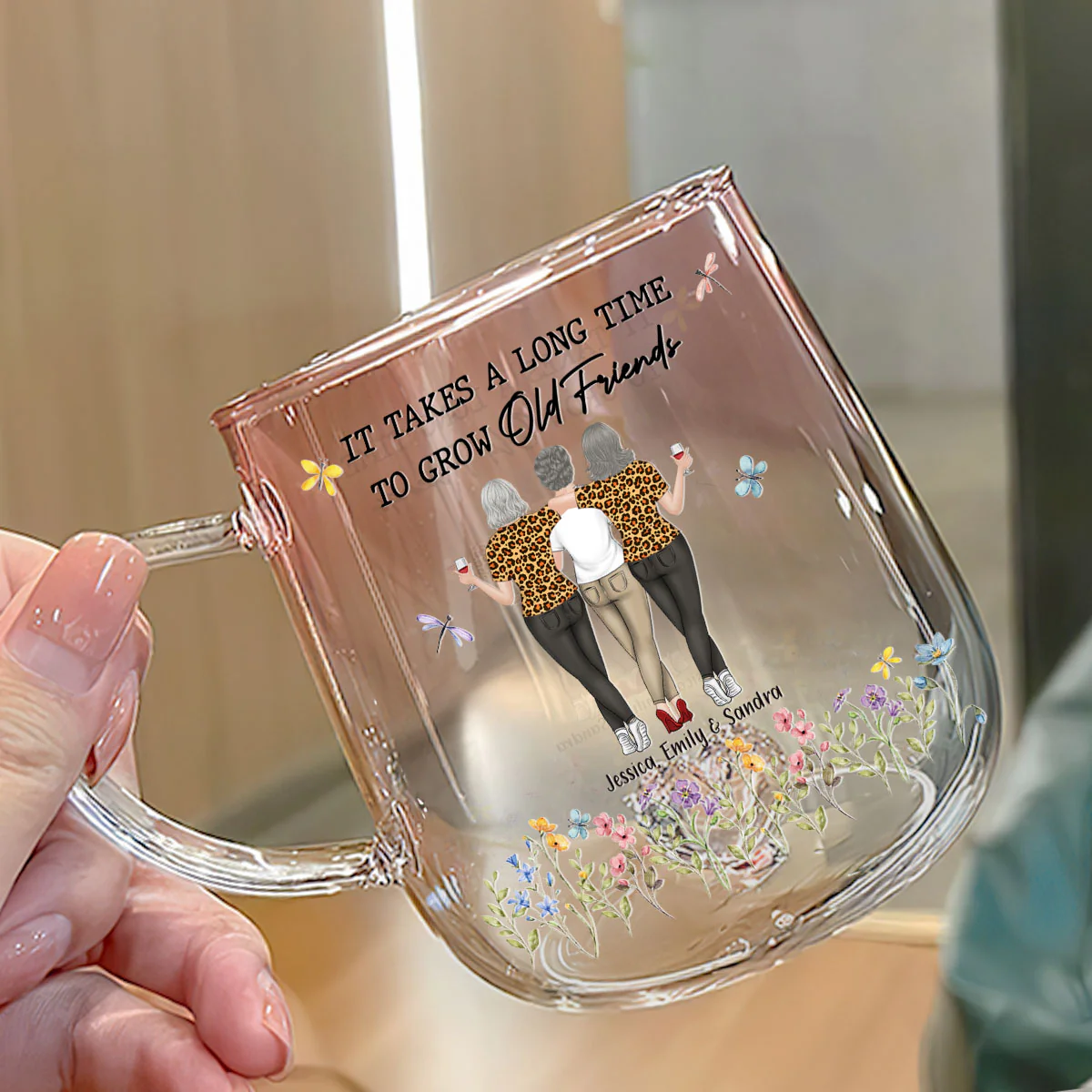 It Takes A Long Time To Grow An Old Friend - Personalized Custom Pink Gradient Glass Mug - Image 3