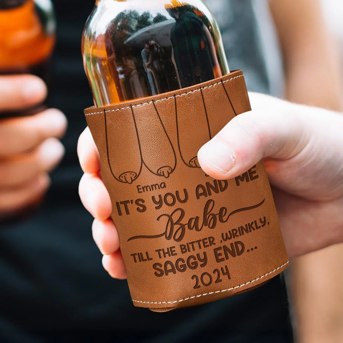 It's You And Me - Personalized Custom Engraved Leather Can Cooler Holder - Image 2