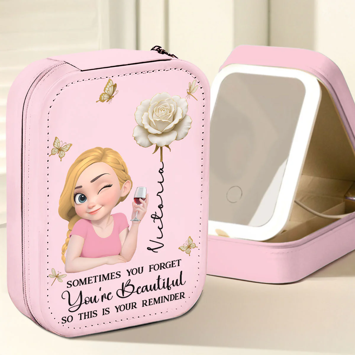 Floral Heart - Personalized Custom Jewelry Box With LED Mirror