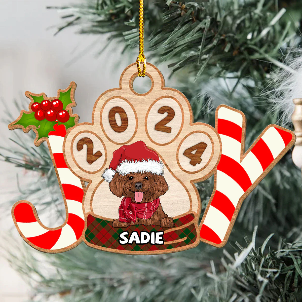 Joyful Dog 2024 - Personalized Custom 1-layered Wood Ornament - Image 3