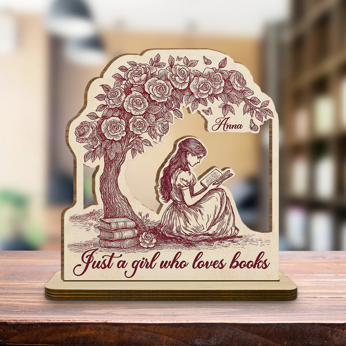 Just A Girl Loves Book - Personalized Custom 2-Layer Wood Plaque With Flat Base - Image 2