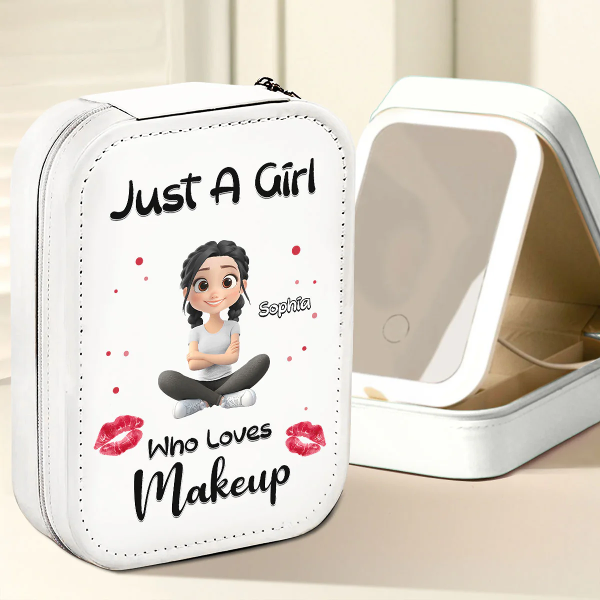Just A Girl Who Loves Makeup - Personalized Custom Jewelry Box With LED Mirror