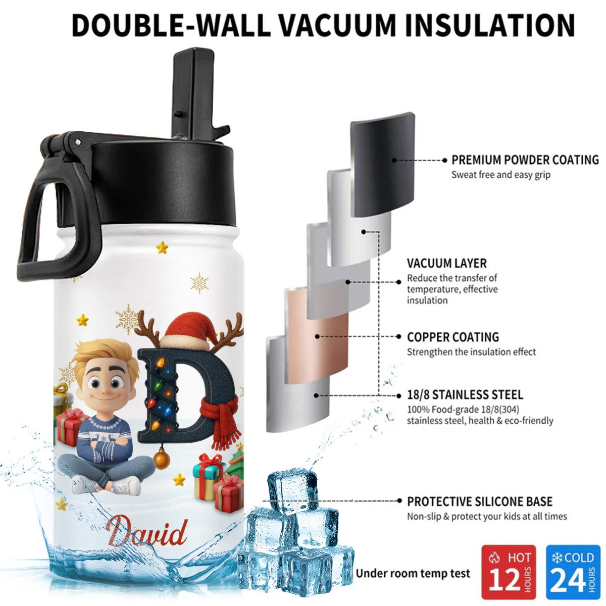 Kid Name Christmas Alphabet - Personalized Custom Kids Water Bottle - Image 5