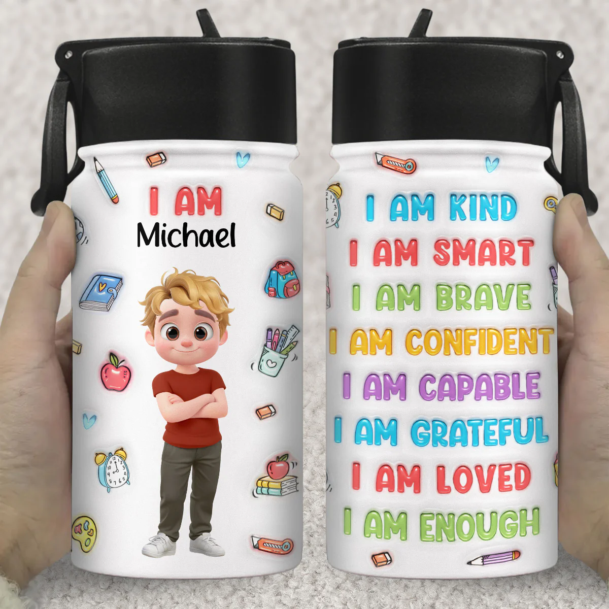 Kind Smart Loved Cartoonize - Personalized Custom 3D Inflated Effect Kids Water Bottle - Image 4