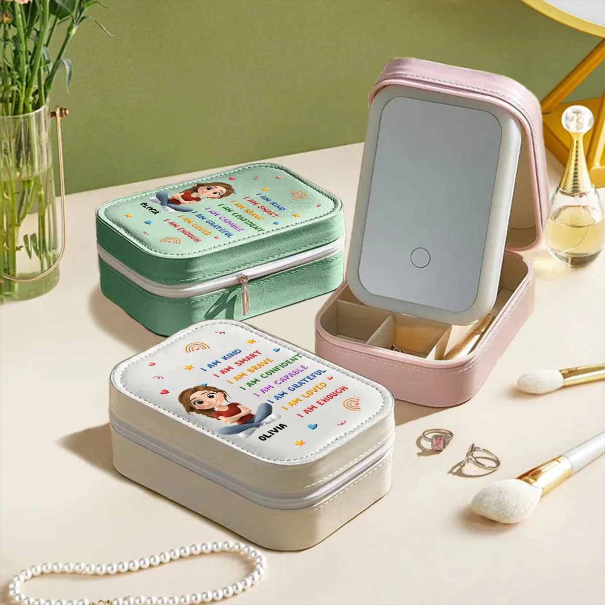 Kind Smart Loved Cartoonize - Personalized Custom Jewelry Box With LED Mirror - Image 4