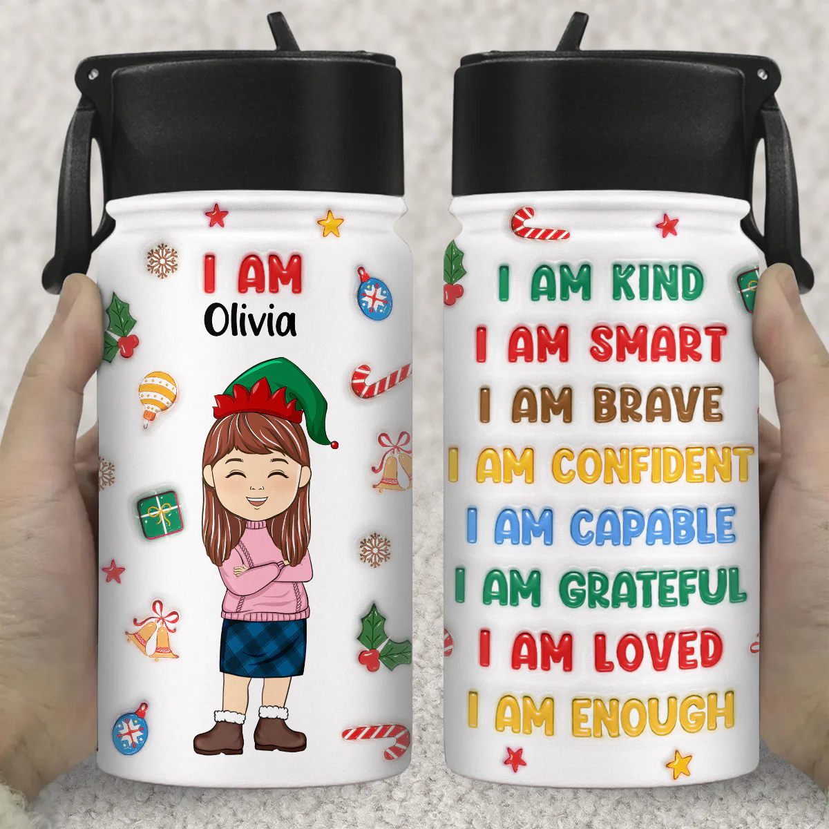 Kind Smart Loved Christmas - Personalized Custom 3D Inflated Effect Kids Water Bottle - Image 2