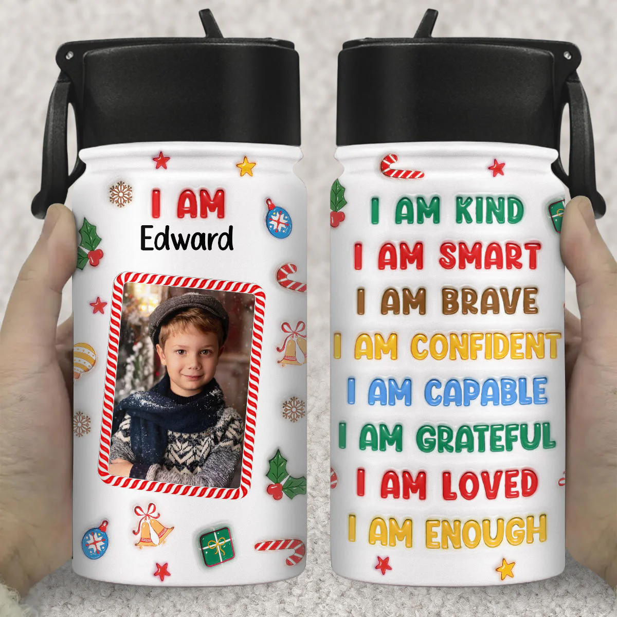 Kind Smart Loved Christmas Photo - Personalized Custom 3D Inflated Effect Kids Water Bottle - Image 3