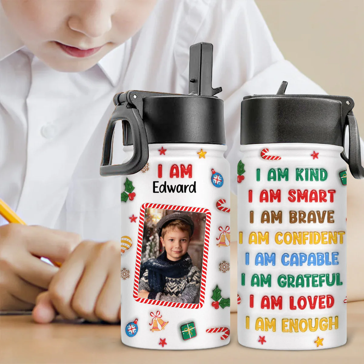 Kind Smart Loved Christmas Photo - Personalized Custom 3D Inflated Effect Kids Water Bottle - Image 4