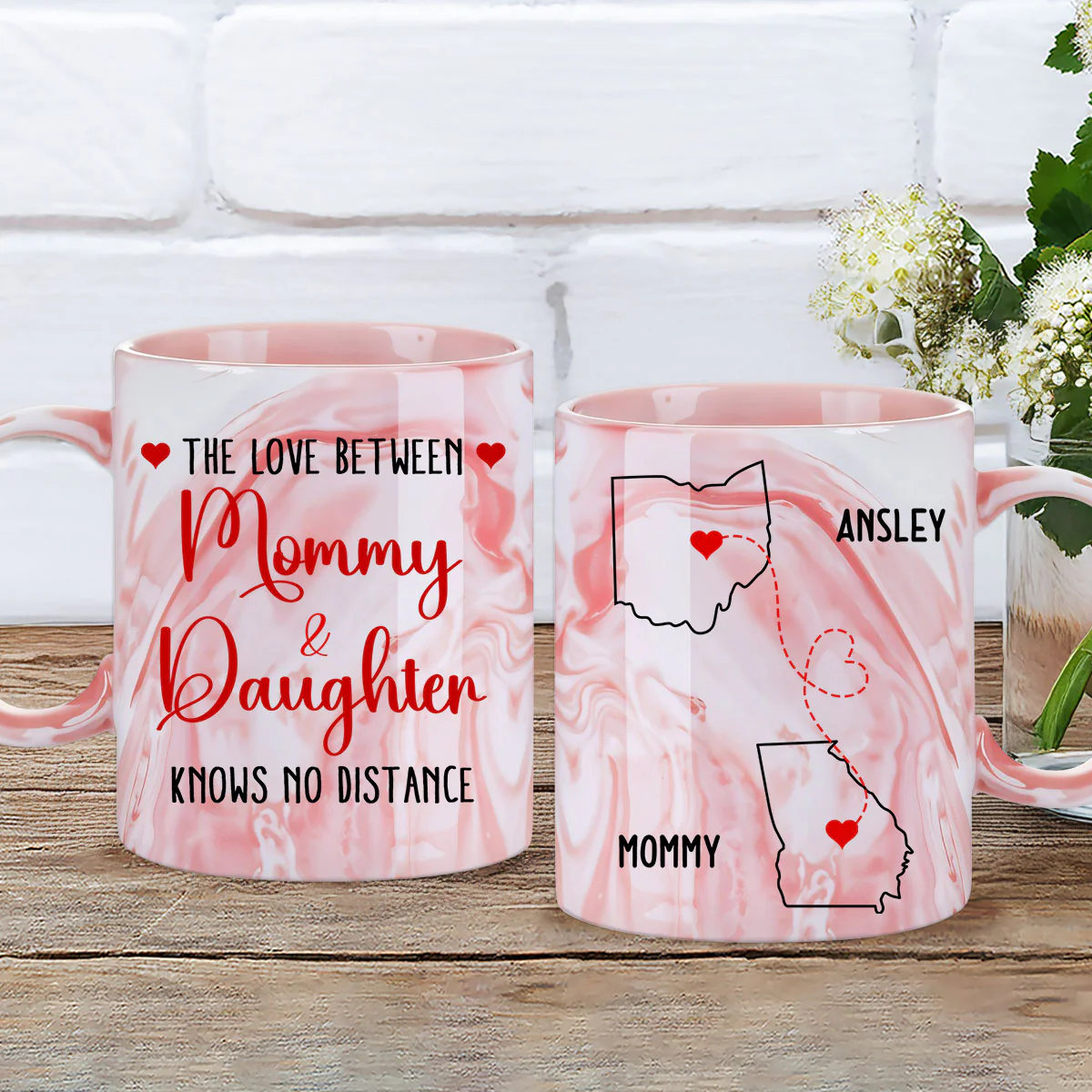 Knows No Distance - Personalized Custom Pink Marble Mug - Image 3