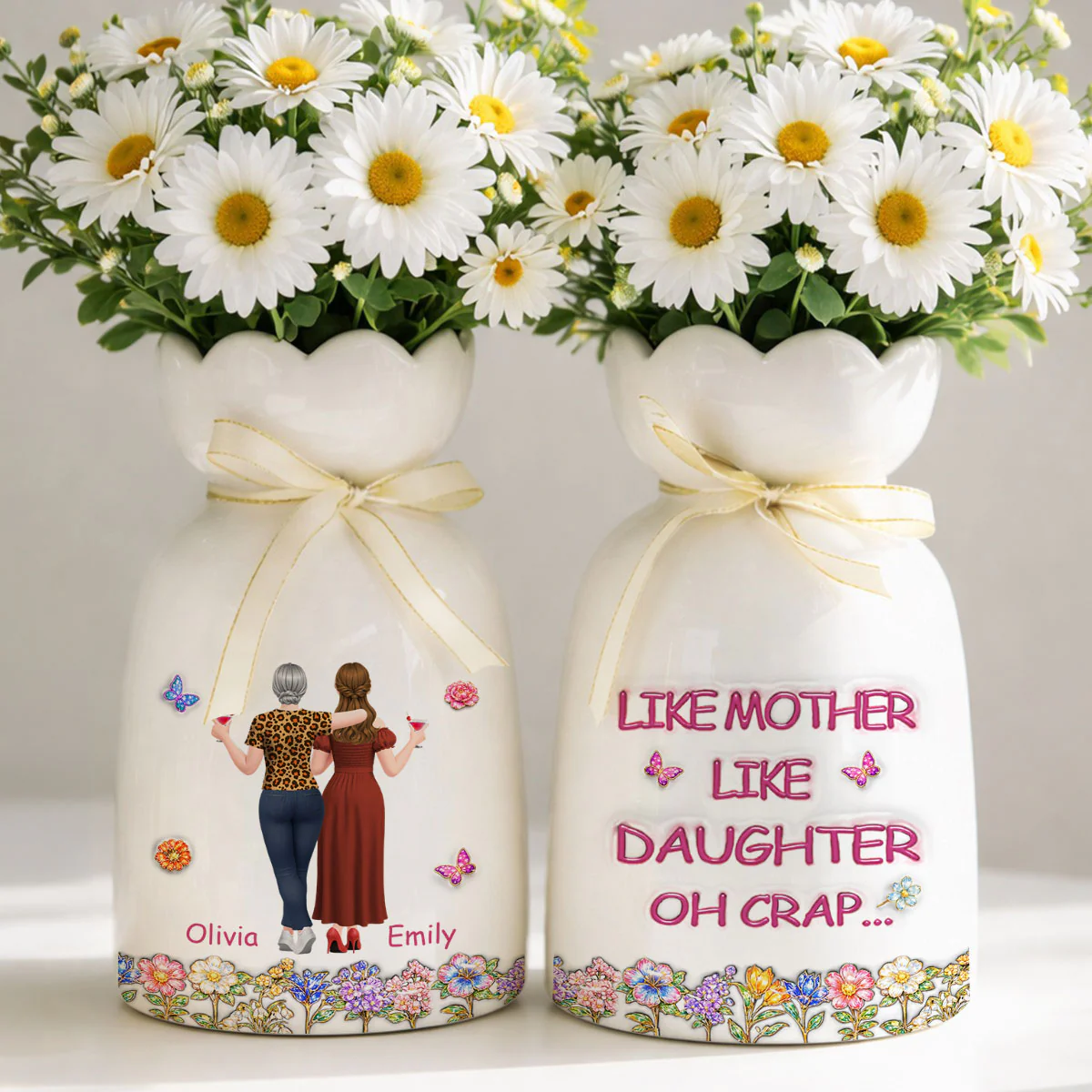 Like Mother Like Daughter - Personalized Custom 3D Effect Ribbon Tie Flower Vase 