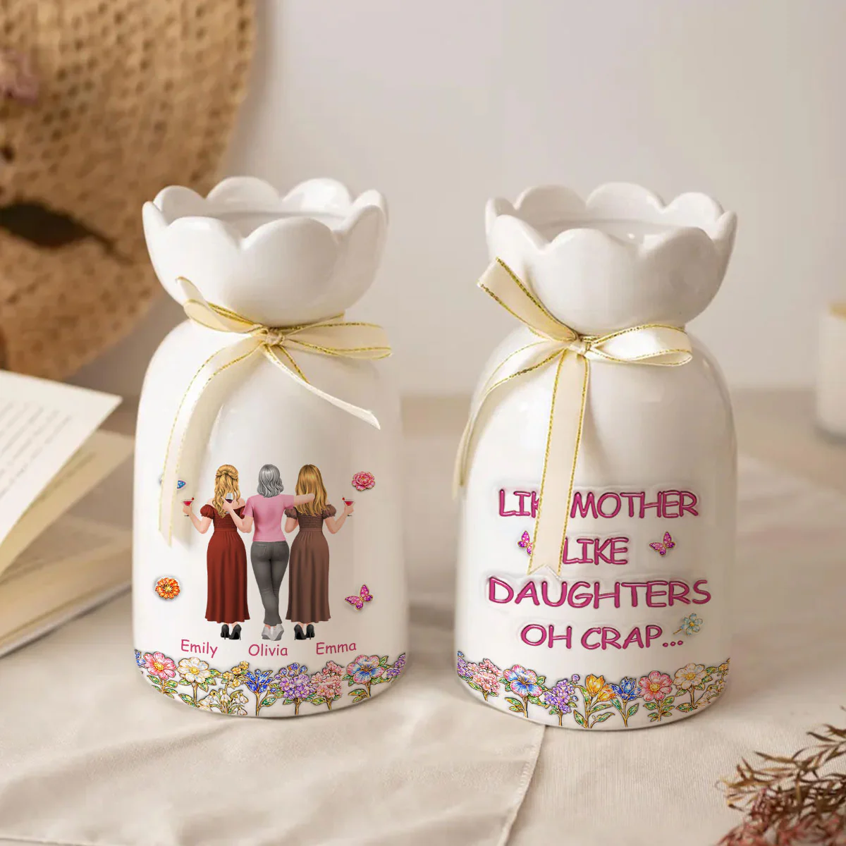 Like Mother Like Daughter - Personalized Custom 3D Effect Ribbon Tie Flower Vase  - Image 3