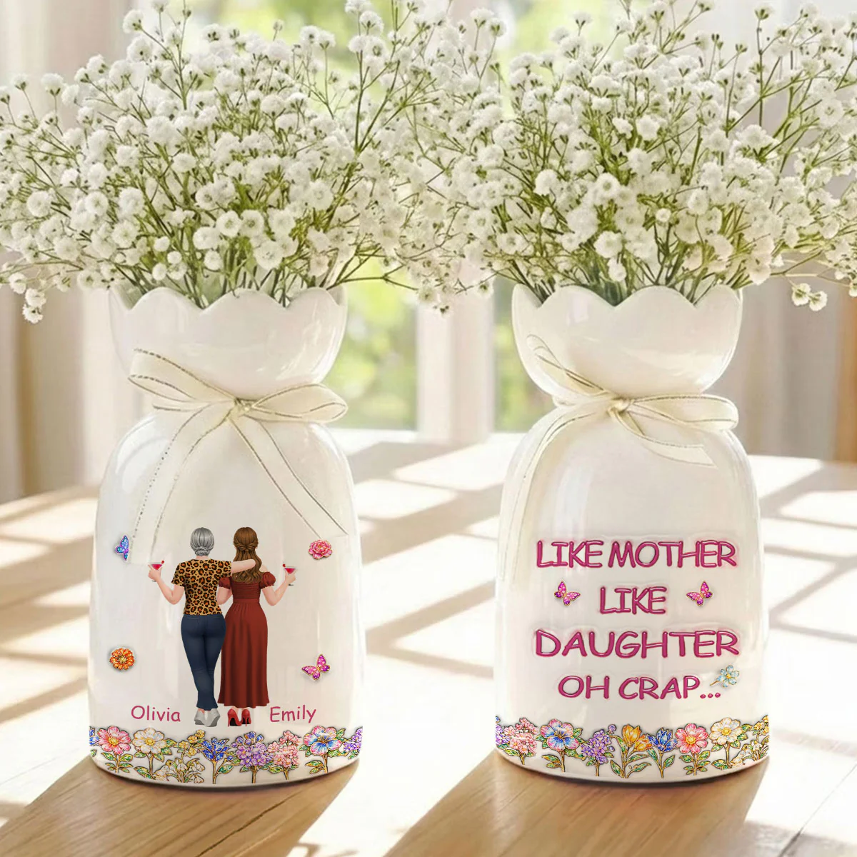 Like Mother Like Daughter - Personalized Custom 3D Effect Ribbon Tie Flower Vase  - Image 4
