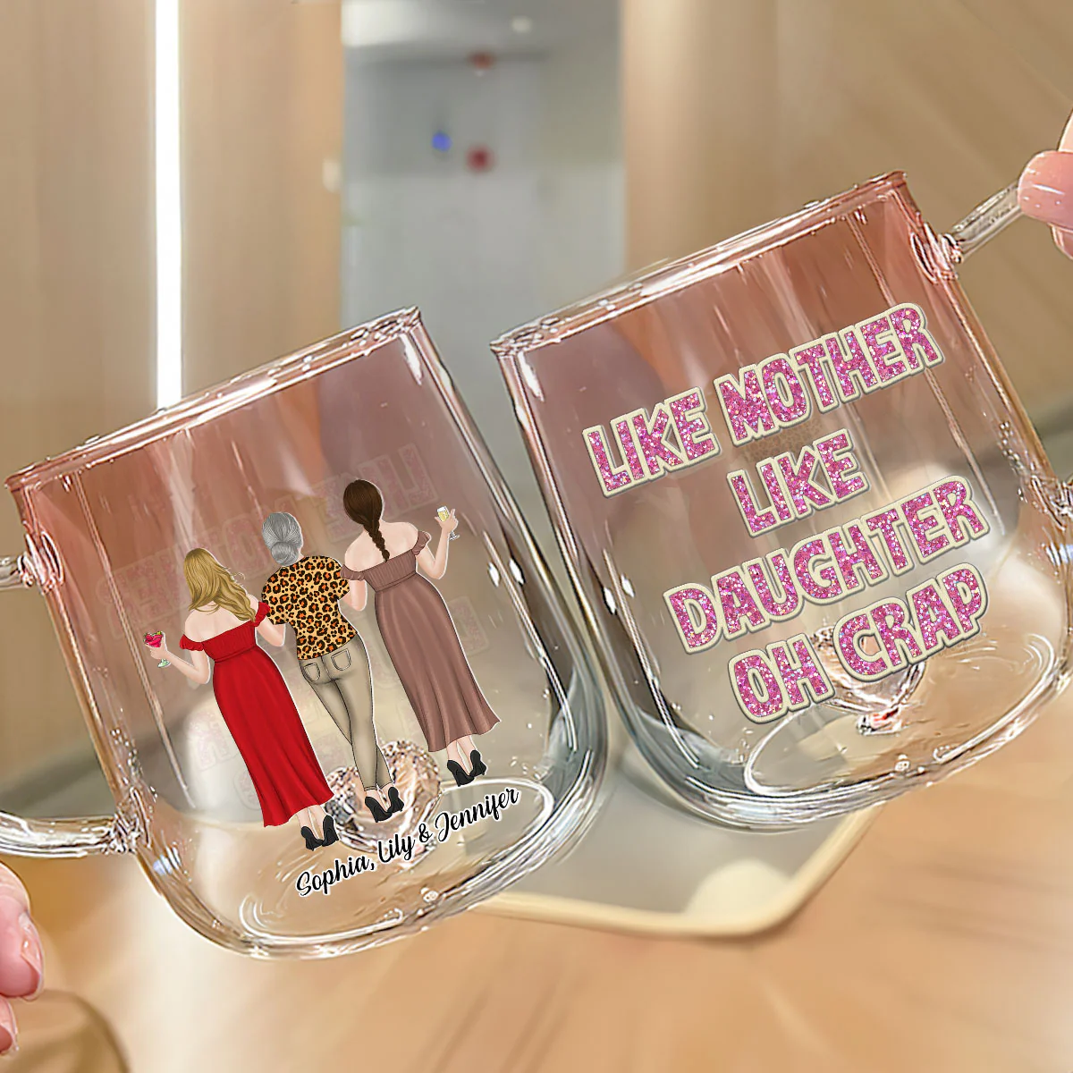 Like Mother Like Daughter - Personalized Custom Pink Gradient Glass Mug - Image 4