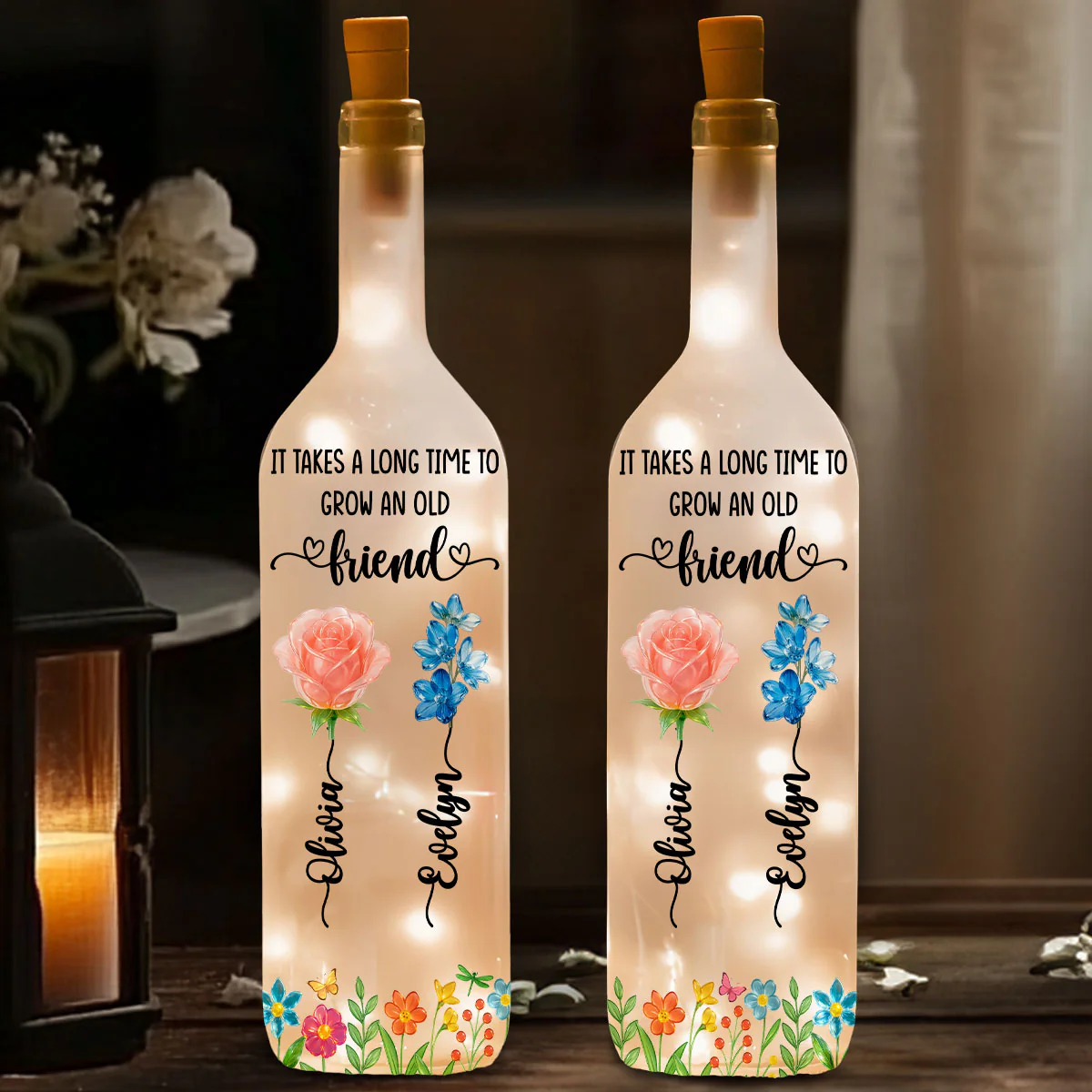 Long Time To Grow Old Friends Glass Flower - Personalized Custom Bottle Lamp - Image 2