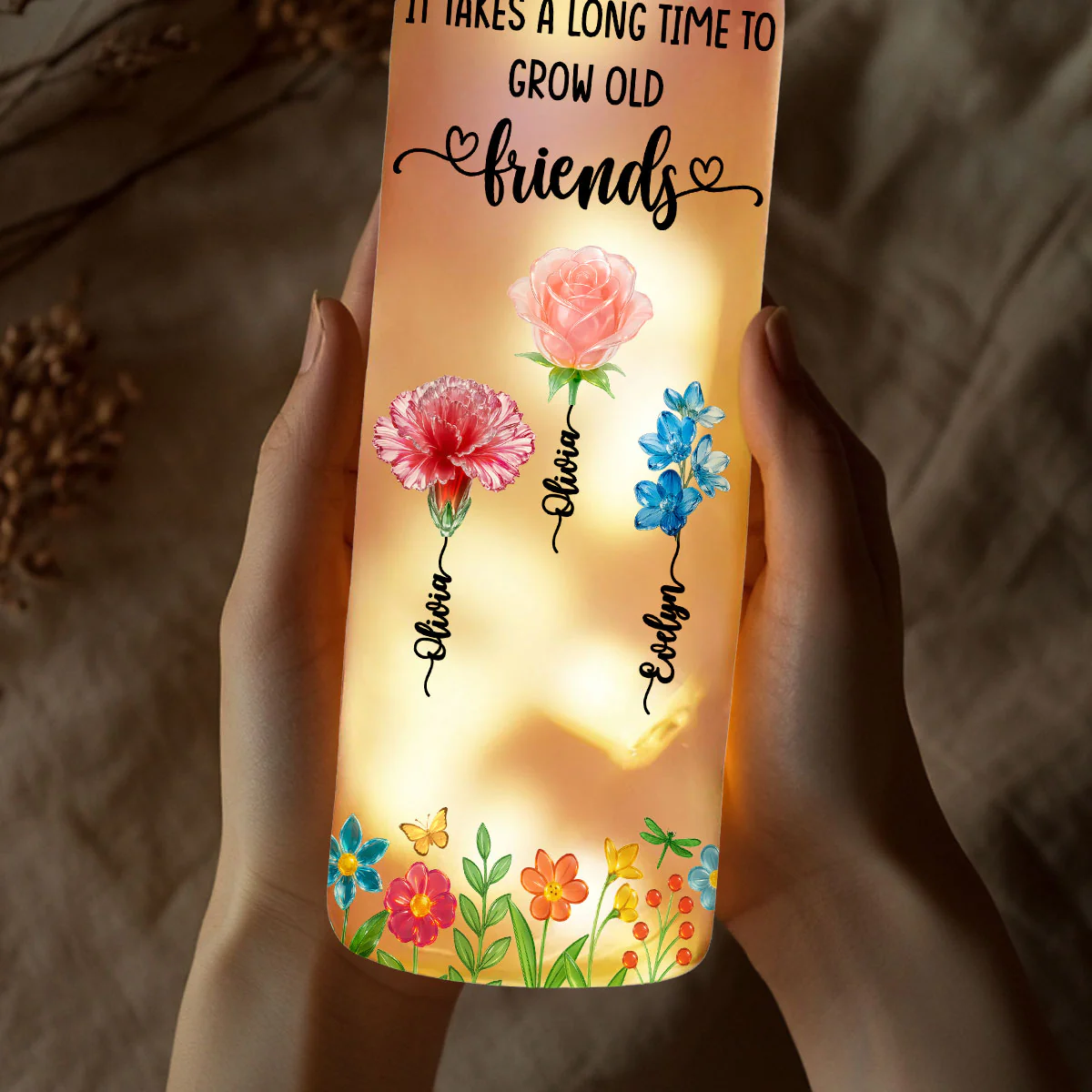 Long Time To Grow Old Friends Glass Flower - Personalized Custom Bottle Lamp - Image 3