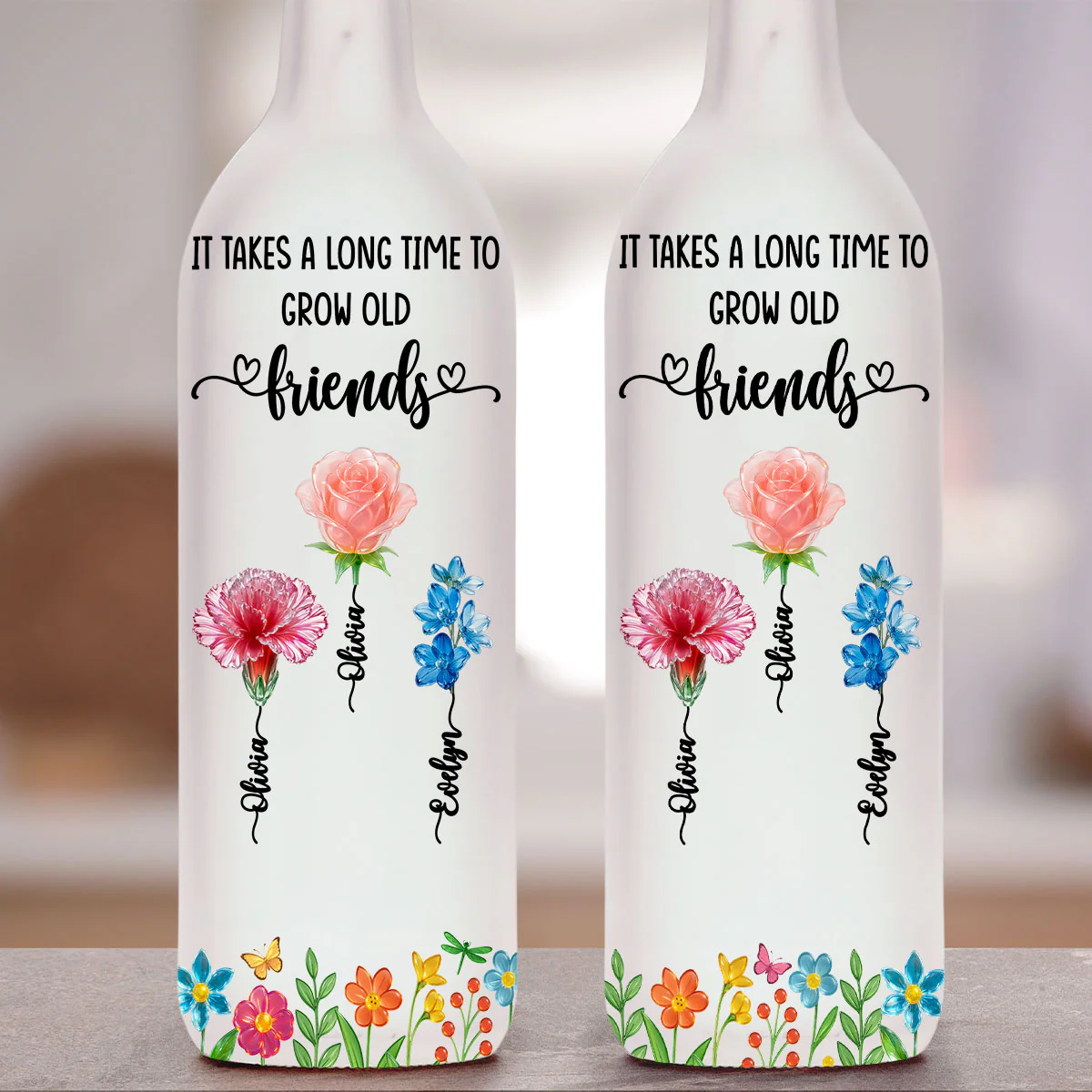 Long Time To Grow Old Friends Glass Flower - Personalized Custom Bottle Lamp - Image 4