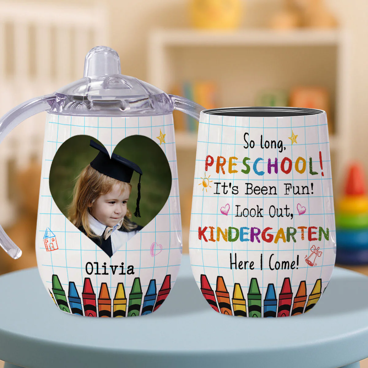 Look Out Kindergarten Photo - Personalized Custom Sippy Cup With Handles - Image 2