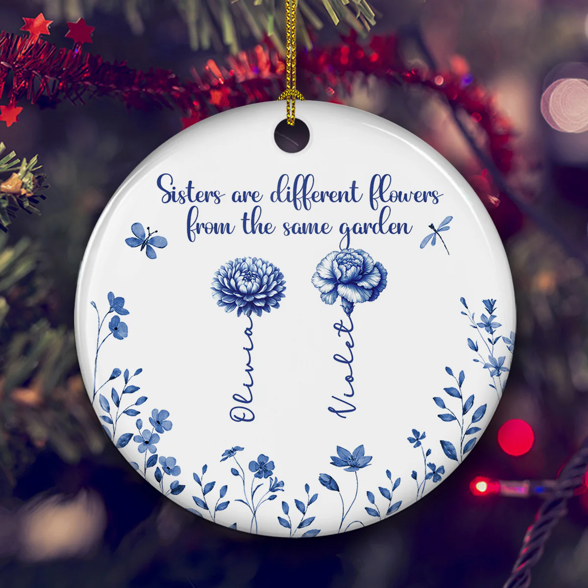 Love Blossoms Between Sweet Sisters - Personalized Custom Ceramic Ornament - Image 2