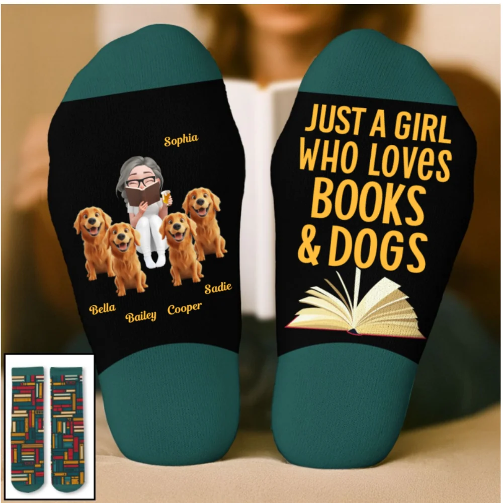 Love Books And Dog - Personalized Custom Crew Socks - Image 9
