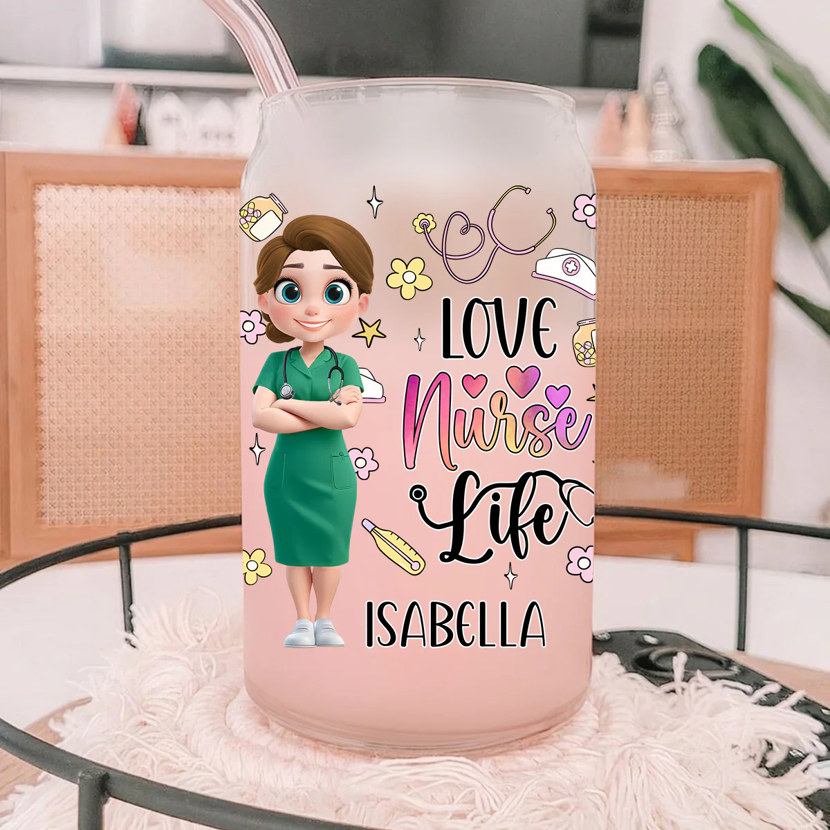 Love Nurse Life - Personalized Custom Glass Can - Image 3