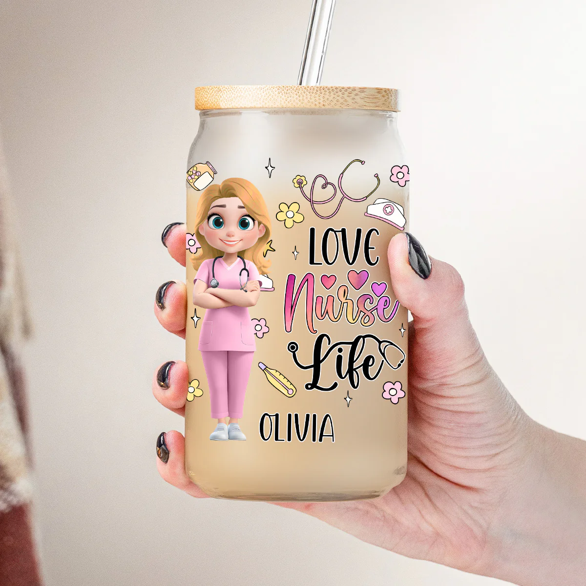 Love Nurse Life - Personalized Custom Glass Can - Image 5