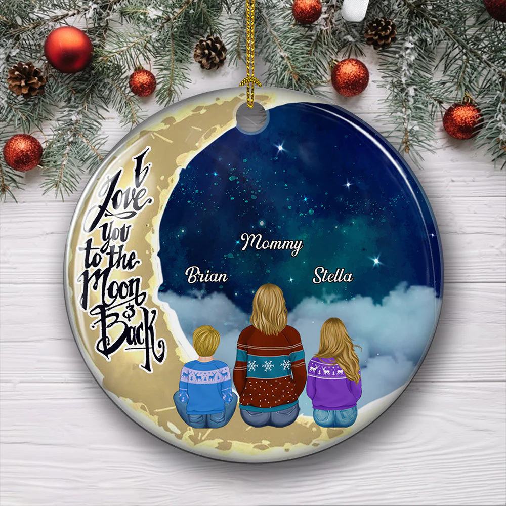 Love To The Moon And Back - Personalized Custom Circle Ceramic Christmas Ornament - Image 4