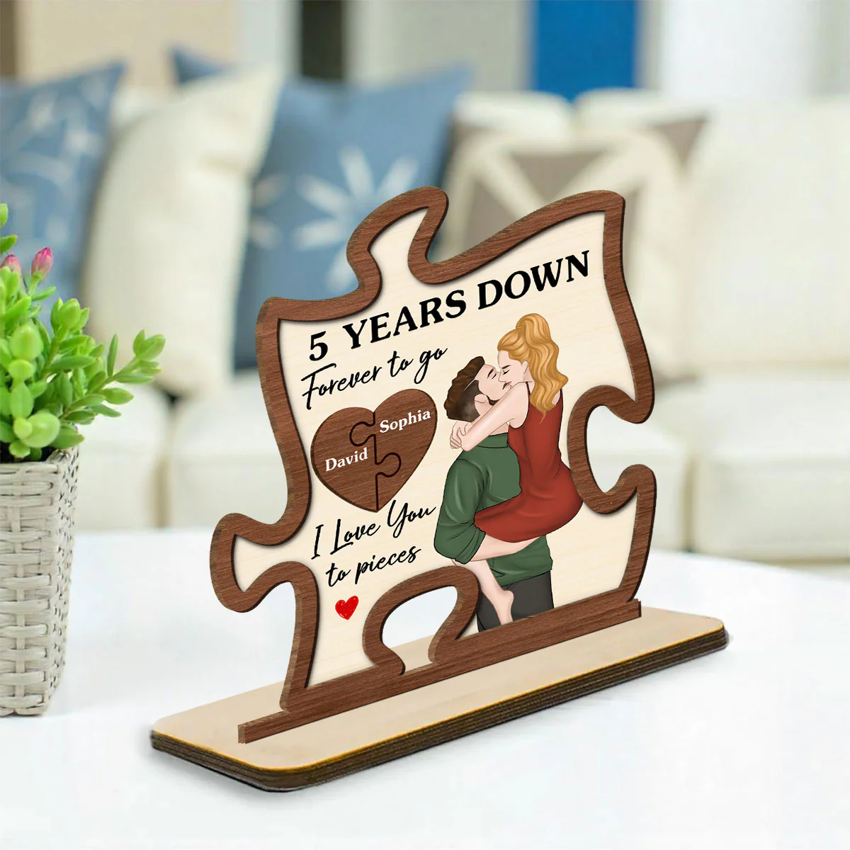 Love You To Pieces - Personalized Custom 2-Layer Wood Plaque With Flat Base - Image 3